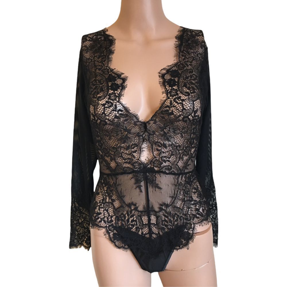 Floral Lace Black One Piece Lingerie M